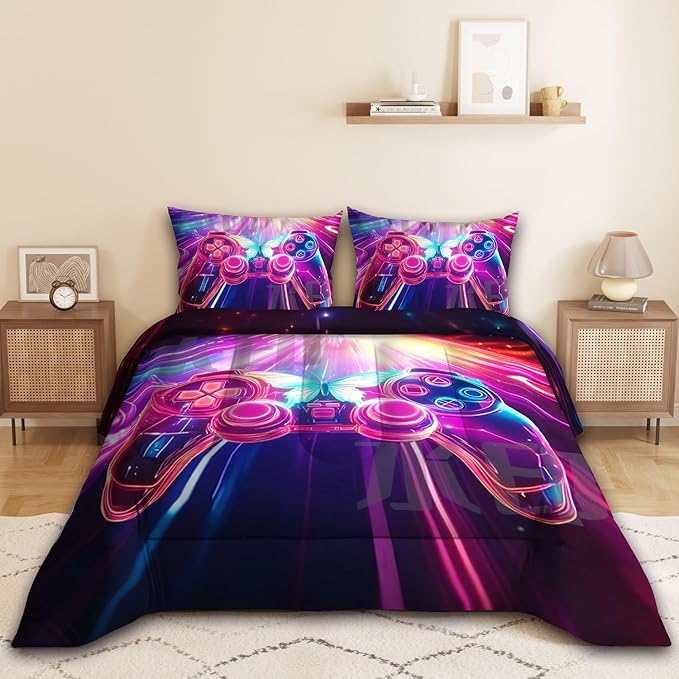 Gamer Comforter Set, 3D Butterfly glaxy Pattern for Kids Teens Adults,Decorative Bedding Comforter Sets with 2 Pillow Shams, King Size