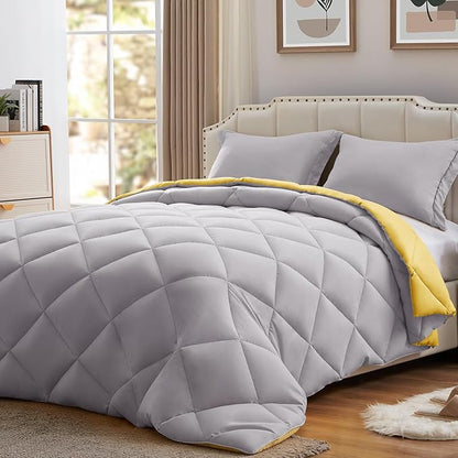 NexHome Queen Comforter Set Yellow&Grey,3 Pieces Lightweight Comforters Queen Size Reversible Bedding Comforters Sets,Down Alternative Comforter Bed Set Quilt Blanket(88x88In Comforter & 2 Pillowsham)