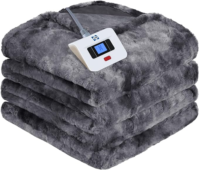Sealy Electric Blanket Twin Size, Faux Fur & Flannel Fast Heated Blanket with 10 Heating Levels & 1-12 Hours Auto Off, Machine Washable, Grey, 62x 84 Inch
