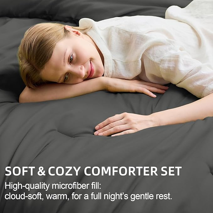 FUANNA King Size Comforter Sets Dark Grey, 7 Pieces Soft Bedding Set, All Season Lightweight Bed in a Bag with Comforter, Flat Sheet, Fitted Sheet, Pillowcases & Shams