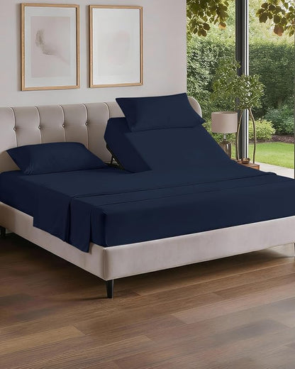 Split Head King Sheets Set - Top Split King Sheets for Adjustable Beds, Easy-Fit Split Head King Mattress - Flex Split Top King Sheets, Easy-Fit, Breathable, Deep Pocket Split King Sheets - Navy Blue
