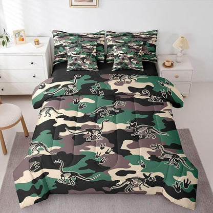 Erosebridal Army Camouflage 7 Piece Bedding Set King Camo Dino Comforter Set with Sheets 3D Vintage Hunting Theme Bed in a Bag Dinosaur Skeleton Farmhouse Green Bed Sets Comforter