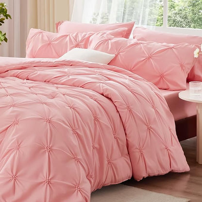 BEDELITE Pink Twin Comforter Set - 2 Peices Boho Pintuck Bedding Comforter Sets, Lightweight Soft & Warm Twin Bedding Sets with 1 Pillowcase for All Season