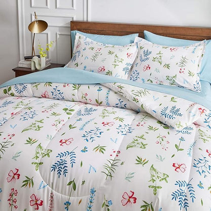White Floral Comforter Sheet Set 7 Pieces Bed in a Bag King Size Green Blue Leaves with Red Flowers Reversible Bedding Set (1 Comforter 2 Pillow Shams 1 Flat Sheet 1 Fitted Sheet 2 Pillowcases)