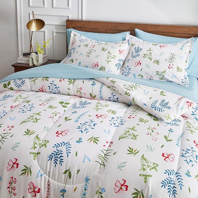 White Floral Comforter Sheet Set 7 Pieces Bed in a Bag Queen Size Green Blue Leaves with Red Flowers Reversible Bedding Set (1 Comforter 2 Pillow Shams 1 Flat Sheet 1 Fitted Sheet 2 Pillowcases)