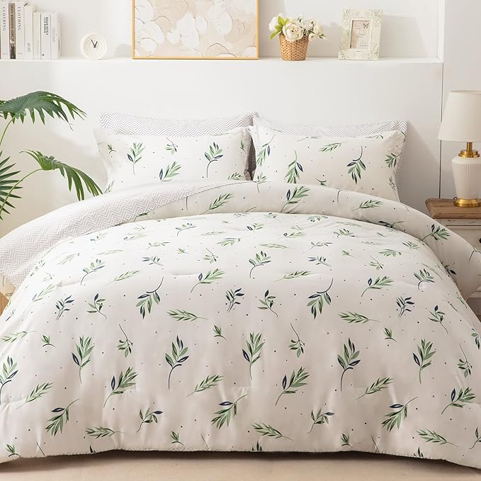 EMME Queen Comforter Set - Sage Green Floral Bedding Set 7 PCS with Nature Leaves Pattern, Soft Leaf Printed Botanical Bed Set with Sheets, Fluffy Bed Bag for All Season(90"X90")