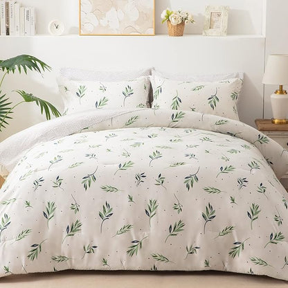 EMME Queen Comforter Set - Sage Green Floral Bedding Set 7 PCS with Nature Leaves Pattern, Soft Leaf Printed Botanical Bed Set with Sheets, Fluffy Bed Bag for All Season(90"X90")