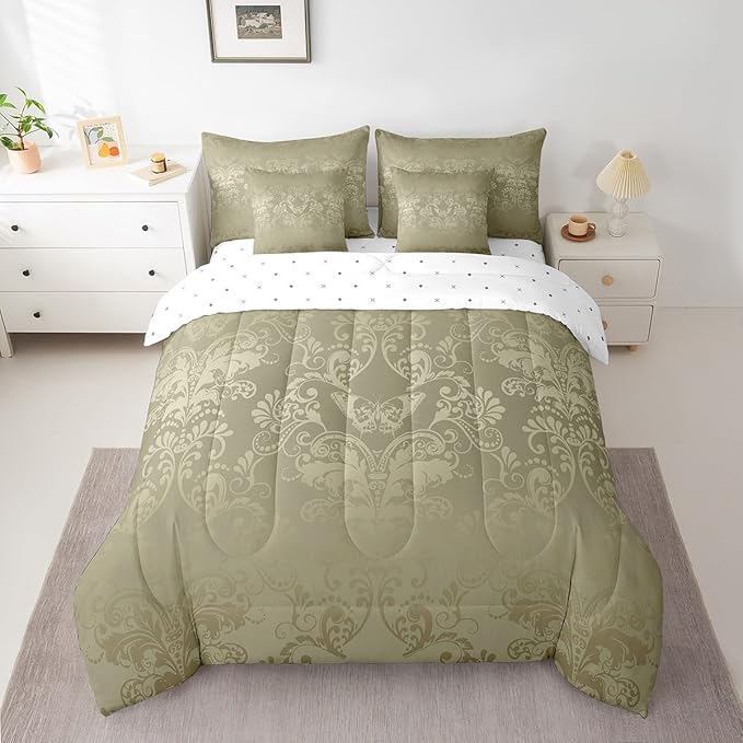 Erosebridal Gothic Damask Bed in a Bag Queen Comforter Set 7 Piece,Butterfly Skull Bedding Sets Olive Grey Victorian Floral Goth Sheet Set with Comforter