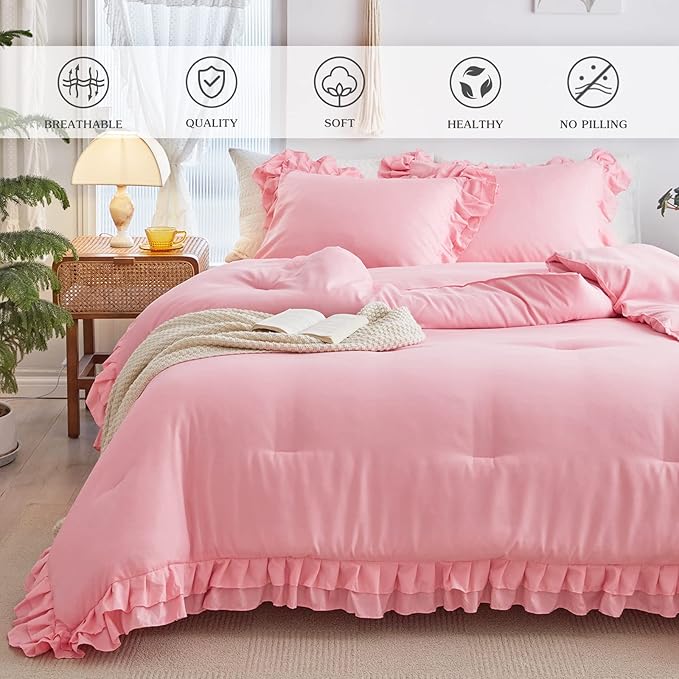 Pink Ruffle Comforter Set Full/Queen Size, 3 Pieces (1 Ruffled Comforter and 2 Pillowcases) Farmhouse Shabby Chic Style with 2 Layers Ruffle, Solid Color Lightweight Fluffy Bedding Sets for All Season