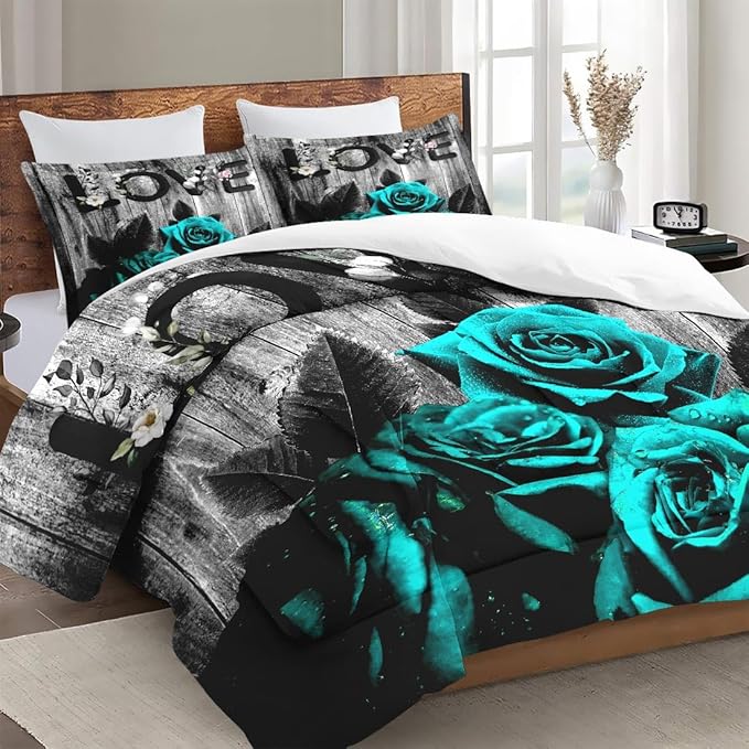 King Size Comforter Set with 2 Pillowcases, Cyan Rose Flower Love 3 Pcs Bedding for Kids and Adults, Summer Vintage Woodboard Soft Comforter Set for Bedroom Bed Decor