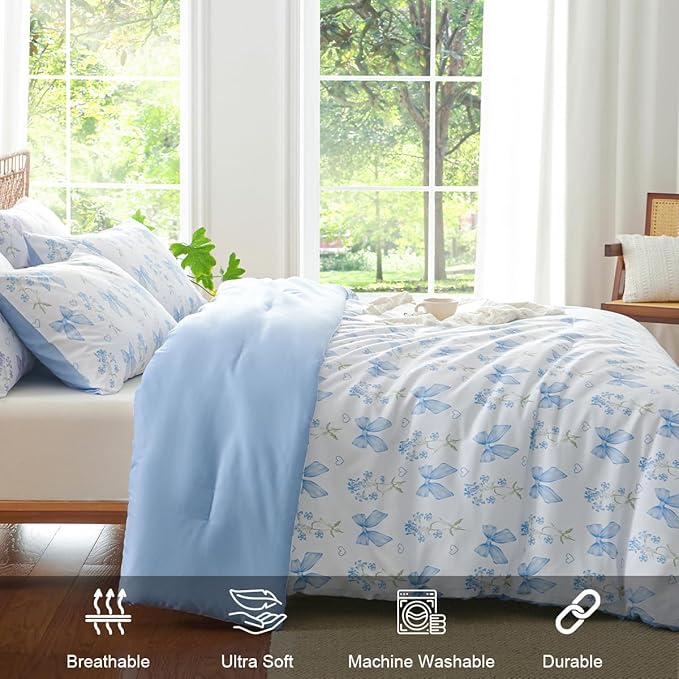 Blue Bow Comforter Set Full 3Pcs Blue Floral Bedding Set for Girls Kids Romantic Princess Style Bowknot Bedding Ultra Soft Reversible Garden Flower Comforter Sets with 2 Pillowcases