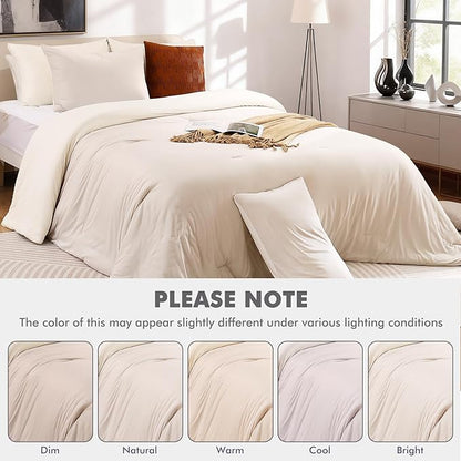 Elegear Twin Comforter Set Beige, PCM Tech Ultra-Soft Bedding Set, 2Pcs Upgraded Micro Fleece Lightweight Breathable Comforter Set All Season, 1 Reversible Comforter 68x88, 1 Zipper Pillowcase 20x26