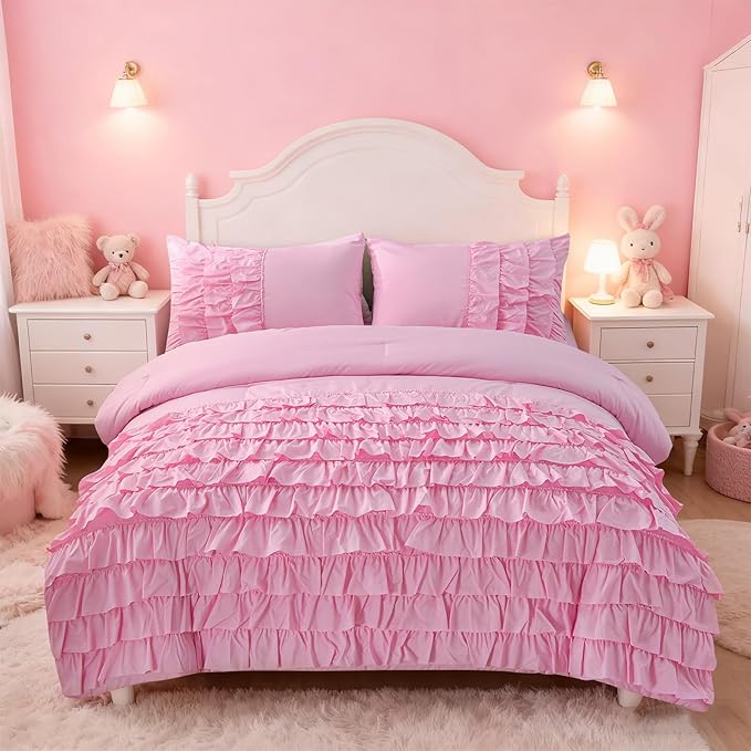Holawakaka Pink Waterfall Ruffle Comforter Set Twin Size Multi-Layers Ruffled Shabby Chic 3PCS Bedding Set for Girls Women, Kids Teens Ruched Dorm Bed Set