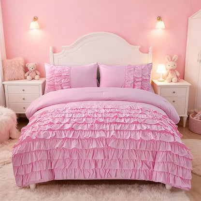 Holawakaka Pink Waterfall Ruffle Comforter Set Twin Size Multi-Layers Ruffled Shabby Chic 3PCS Bedding Set for Girls Women, Kids Teens Ruched Dorm Bed Set