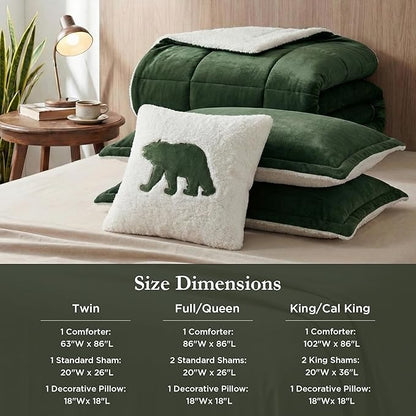 Woolrich Reversible Comforter Set Ultra Soft Plush to Sherpa, Down Alternative, Cold Weather Winter Warm Bedding, with Matching Sham, Decorative Pillow Green/Ivory King 4 Piece