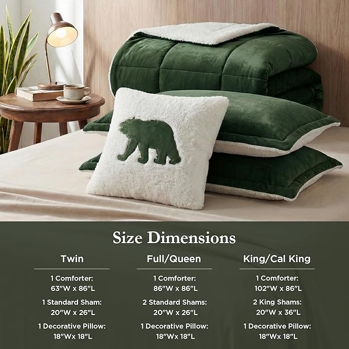 Woolrich Queen Comforter Set Plush Comforters for Queen Size Bed Reversible Sherpa Fuzzy, All Season Plaid Comforters Queen Size Bed Set, Décor Pillow, Alton, Full/Queen Green/Ivory 4 Piece