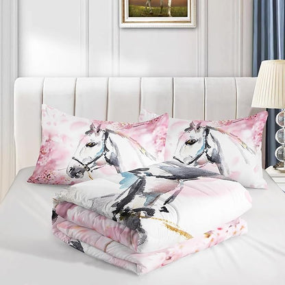 Kid Horse Comforter Set Full Room Floral Animal Theme Handsome Horse Chic Cherry Blossom Bedding Set Wild Animal Decor Quilt Set for Girls Adult, 1 Comforter + 2 Pillowcases