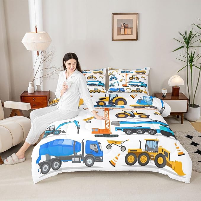 Tractor Comforter Set King Excavator Bedding Set For Boys Kid Construction Trucks Down Comforter Yellow Blue Equipment Truck Machinery Vehicle Bedroom Decor Forklift Bulldozer Crane Duvet Insert
