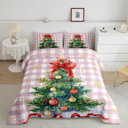 Watercolor Christmas Tree Comforter Set Full Size,Pink Grid Patchwork Bedding Set 3Pcs for Kids Girls Boys Women Room Decor,Gold Snowflake Quilt Set Winter New Year Duvet Insert,2 Pillowcases