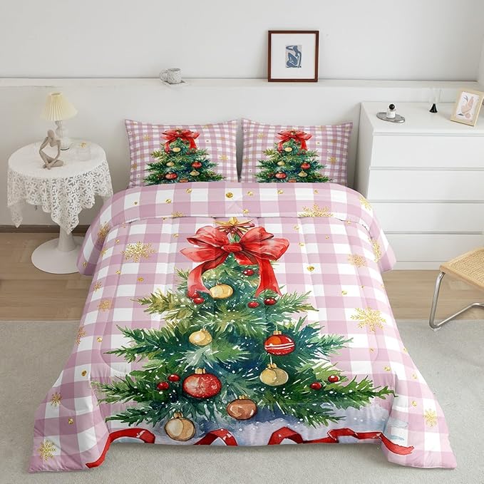Watercolor Christmas Tree Comforter Set Queen Size,Pink Grid Patchwork Bedding Set 3Pcs for Kids Girls Boys Women Room Decor,Gold Snowflake Quilt Set Winter New Year Duvet Insert,2 Pillowcases