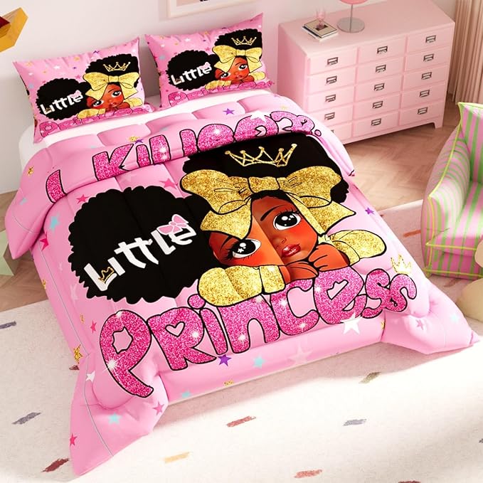 Black Girl Comforter Set, Pink Color Sparkling Stars 3D Pattern for Kids Teens Adults,Decorative Bedding Comforter Sets with 2 Pillow Shams, Twin Size