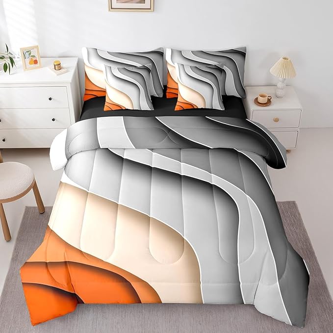 Grey Orange Gradient Bedding Comforter Sets 7pcs Kids Teens Adults Geometric Stripe Bed in a Bag, Aesthetic Wave Twin Bedding Sets Modern Abstract Comforter Set, Ombre Bedding Sets & Collections