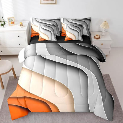 Erosebridal Grey Orange Gradient Bed in a Bag 7-Piece Kids Teens Adults Geometric Stripe Bedding Set, Aesthetic Wave Full Size Comforter Set Modern Abstract Bedding Comforter Sets, Ombre Bed Set