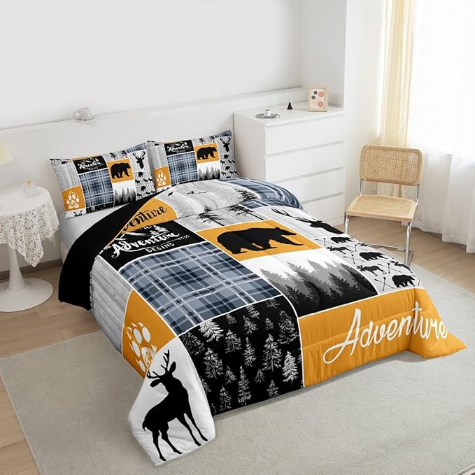 Deer Bear King Bedding Sets, Blue And Grey Buffalo Plaid Comforter Set Woodland Animal Wildlife Quilt Hunting Lodge Country Down Comforter Rustic Farmhouse Cabin Bathroom Decor, 2 Pillow Cases