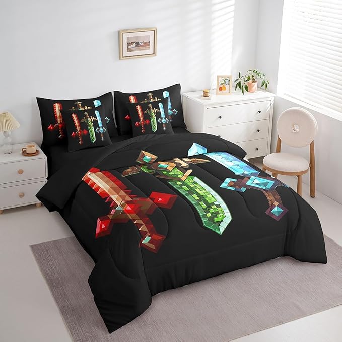 Colorful Sword 7Pcs Comforter Set Twin Size,Sandbox Building Games Bedding Sets for Kids Girls Boys Adult Room Decor,Geometric Block Fitted Flat Sheet Modern Miner Black 2 Throw Pillow,2 Pillowcases