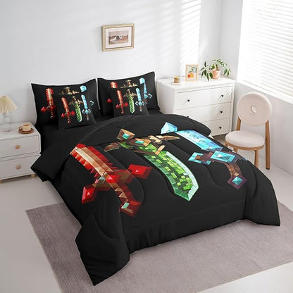 Colorful Sword 7Pcs Comforter Set Twin Size,Sandbox Building Games Bedding Sets for Kids Girls Boys Adult Room Decor,Geometric Block Fitted Flat Sheet Modern Miner Black 2 Throw Pillow,2 Pillowcases
