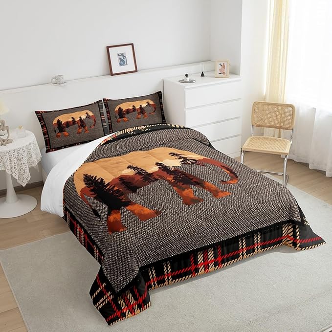 Erosebridal Elephant Comforter Set - Twin, Country Western Farmhouse Bedding Set for Teens, Kids, Boys & Girls - Nature Wild Animals Bedding - Orange Grey Plaid Checkered Down Comforter, 2Pcs