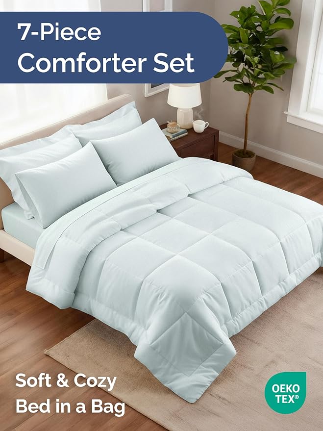 Queen Comforter Set - 5 Piece Bed in a Bag Queen Size Bed Set - Down Alternative Comforter, Flat Sheet, Fitted Sheet, Pillowcase & Shams for All Seasons - Ultra Soft, Comfy and Breathable - Ice Blue