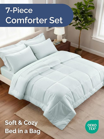 King Comforter Set - 7 Piece Bed in a Bag King Size Bed Set - Down Alternative Comforter, Flat Sheet, Fitted Sheet, Pillowcase & Shams for All Seasons - Ultra Soft, Cozy, Comfy & Breathable - Ice Blue