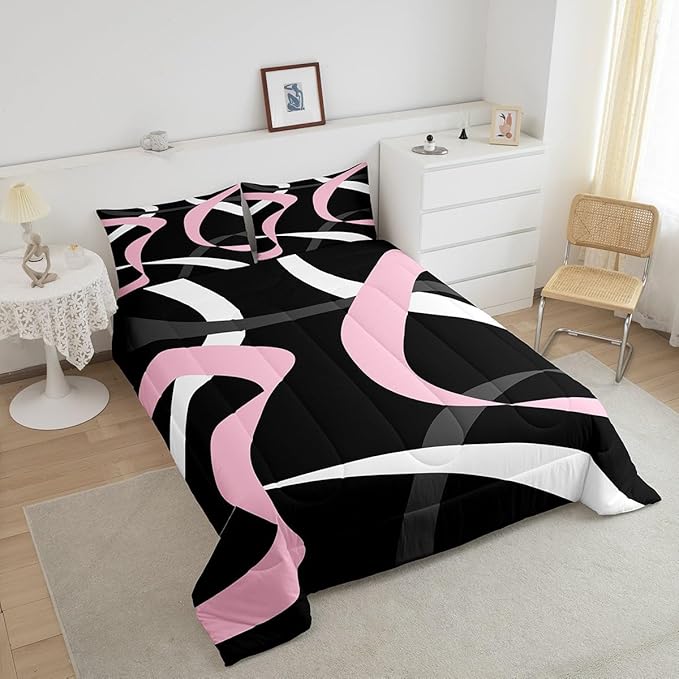 Erosebridal Abstract Black Pink Bedding Comforter Sets Dark Grey White Striped Bedding Set Full for Kids Girls Teen Women Geometric Swirl Stripes Down Comforter Modern Fashion Quilt Duvet