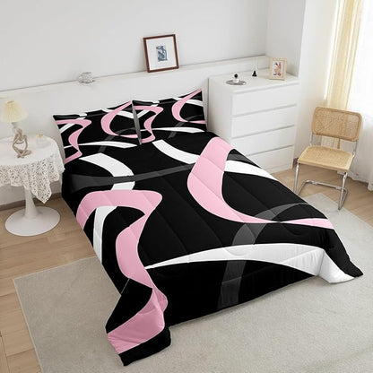 Erosebridal Abstract Black Pink Bedding Comforter Sets Dark Grey White Striped Bedding Set Queen for Kids Girls Teen Women Geometric Swirl Stripes Down Comforter Modern Fashion Quilt Duvet