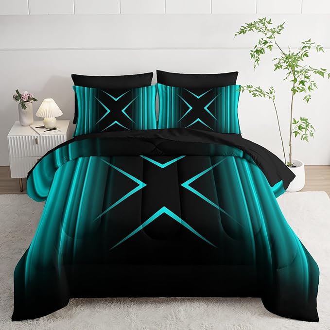Turquoise Black Geometric Comforter Set Full Size 7Pieces,3D Abstract Mordern Printed Bedding Set for Adults,Geometric Mordern Decor All Seasons with Pillowcases,Flat, Fitted Sheet
