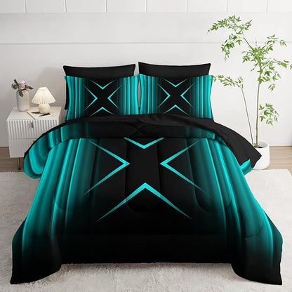Turquoise Black Geometric Comforter Set Twin Size 7Pieces,3D Abstract Mordern Printed Bedding Set for Adults,Geometric Mordern Decor All Seasons with Pillowcases,Flat, Fitted Sheet