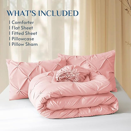 JOLLYVOGUE Twin Comforter Set 5 Pieces - Bed in a Bag Twin for All Season, Pintuck Bedding Comforter Sets with Comforter, Flat Sheet, Fitted Sheet and Pillowcases & Shams, Pink
