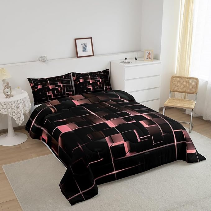Erosebridal Blush Pink Black Comforter Set Full Size Neon Geometric Kids Bedding Set 3 Pcs Honeycomb Bed Sets Modern Quilt,1 Comforter 2 Pillow Cases Cool Room Decor, Bside Black