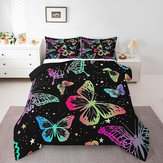 Erosebridal Butterfly Comforter Set Queen Starry Sky Galaxy Colorful Ombre Butterflies Bedding Sets for Kids Girls Teens Women Cartoon Bedding Comforters & Sets Room Decor with 2 Pillow Cases