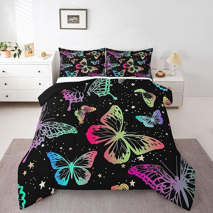 Erosebridal Butterfly Comforter Set Queen Starry Sky Galaxy Colorful Ombre Butterflies Bedding Sets for Kids Girls Teens Women Cartoon Bedding Comforters & Sets Room Decor with 2 Pillow Cases