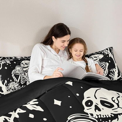 Erosebridal Goth Bedding Set Queen for Home, Spooky Halloween Gothic Skull Comforter Set, Skeleton Drinking Coffee Black Comforter, Sun and Moon Quilt with 2 Pillowcases for Kids Teens Women Men
