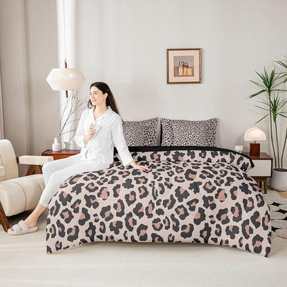 Erosebridal Cheetah Fur Beige Pink Black King 7-Piece Comforter Set | Leopard Print Sheets and Pillowcases Women Men Adults Bed in A Bag Animal Skin Pattern Bed Sets