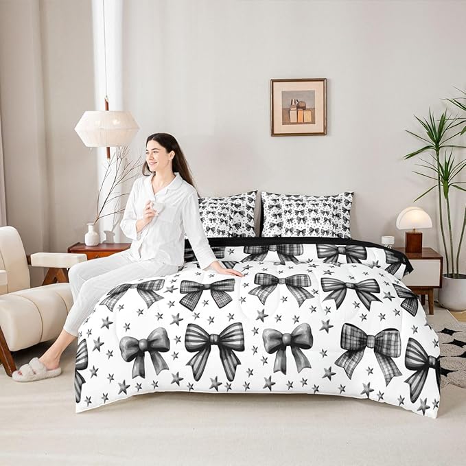 Erosebridal Kids Girls Bowknot Bow Black 7 Piece Bedding Set Twin | Kawaii Cute Comforter Set with Sheets Starry Princess Bed in A Bag Dreamy Bed Sets