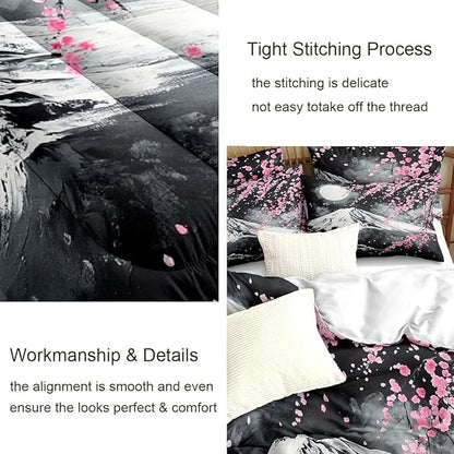 Japanese Cherry Blossom Comforter Set Full Grey Pink Floral Bedding Set for Japan Decor Mount Fuji Bedding Soft Lightweight Comforter Sets with 2 Pillowcases