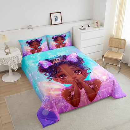 Manfei Cute Black Princess Comforter Set King Size, Little Girl with Wings Bedding Set American Stlye, Kids Room Decor, Blue Purple Galaxy Down Comforter, Reversible Quilt Set,2 Pillowcases