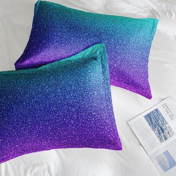Comforter Set King Size, Colorful Girls Ombre Purple Glitter 7 Pcs Bedding for Kids and Adults, Neon Blue Teal Bed Sheet Sets with Fitted Sheet 2 Pillowcases & 2 Shams for Bedroom Bed Decor