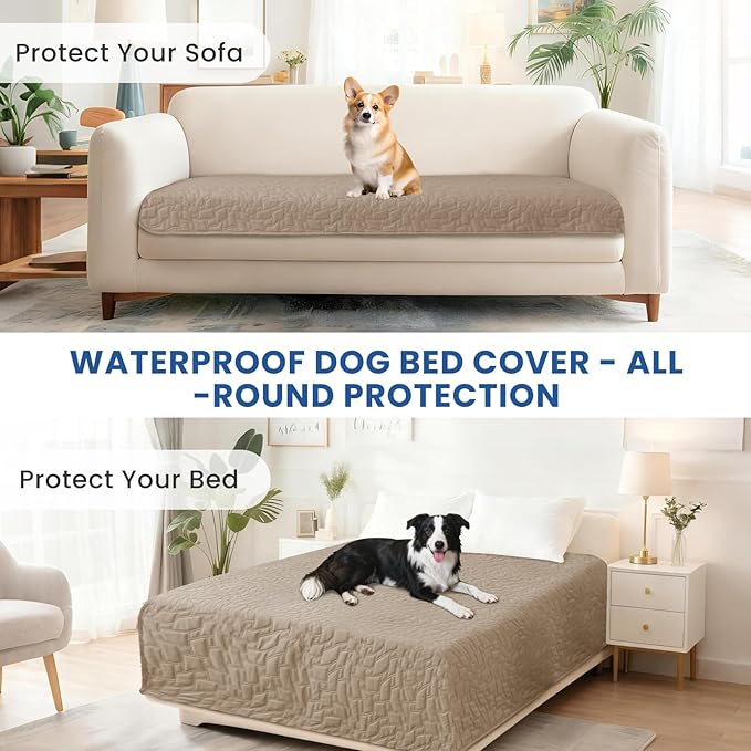 Waterproof Dog Bed Cover Pet Blanket, Soft Couch Cover for Dogs Washable, Non-Slip Dog Blanket Protect Furniture Couch Sofa Car for Puppy Large Dogs Cat (82x120 Inch, Khaki)
