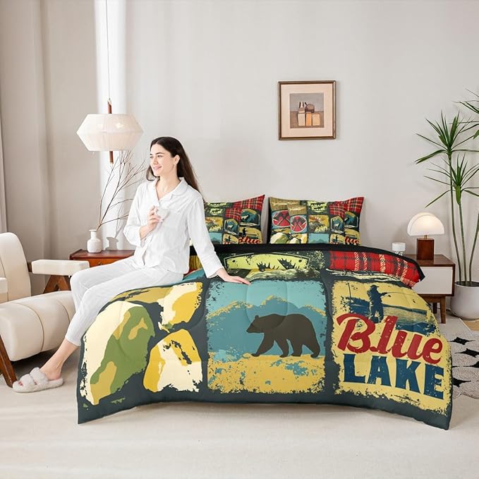 Erosebridal Farmhouse 7 Piece Comforter Set Twin Rustic Cabin Camper Bedding Set Retro Woodland Bear Deer Wildlife Duvet Insert Pike Fish Hunting Animal Plaid Sheet Set with Comforter Bedroom Decor
