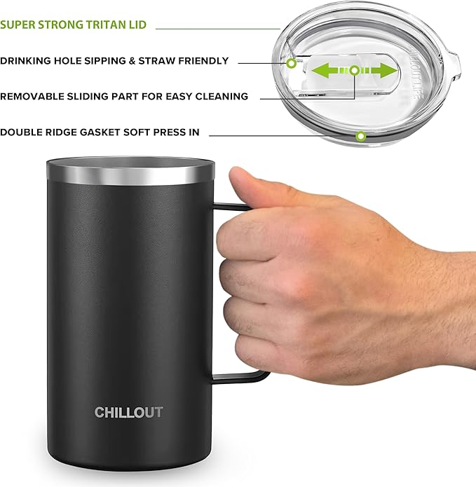 CHILLOUT LIFE Stainless Steel Vacuum Insulated Coffee Mug 20 oz (Set of 2) with Handle and Lid, Large Thermal Camping Coffee Mugs with Sliding Lid for Men & Women, Keeps Your Beverages Hot & Cold